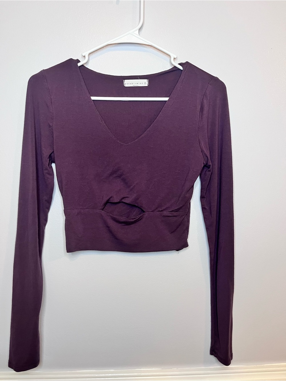 Long-Sleeve Twist Crop Top in Plum by Unknown Brand
